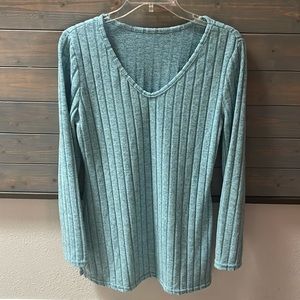 Women's Blue Ribbed V-Neck Top